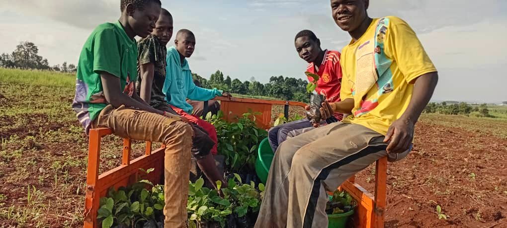 Members of the Thena Estates team seated together among coffee seedlings at the estate in Wairasa, Busoga, Uganda